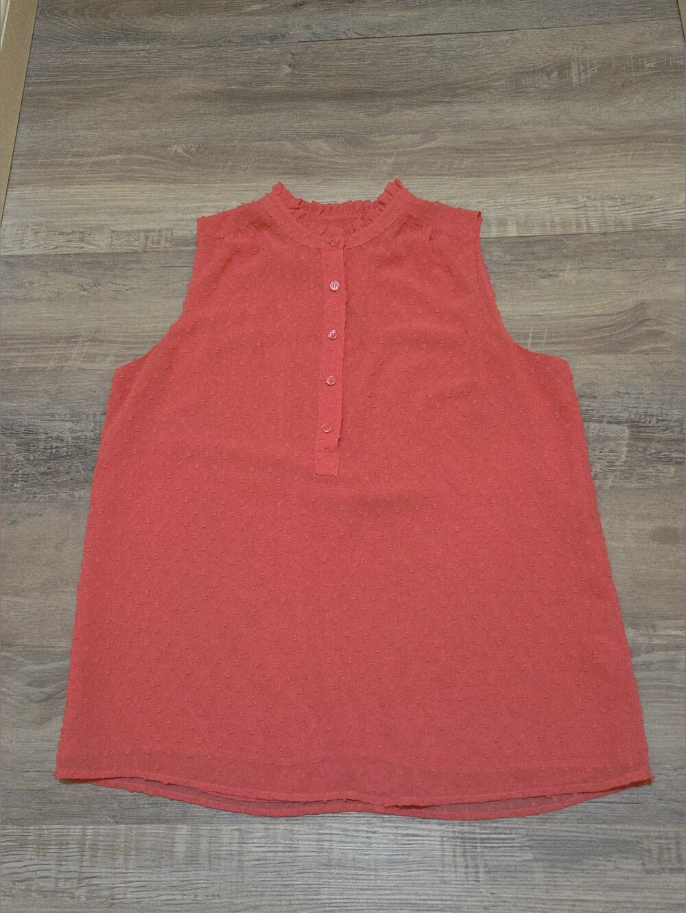 🛍J.Crew Coral Pink Swiss Dot Ruffle Neck Sleeveless Blouse Size 10